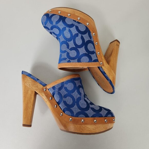 Coach Bacall Clog Shoes Womens Size 7.5 Blue Signature Canvas Wood Heel Platform - Picture 6 of 10